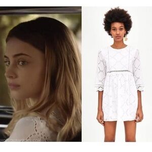 Zara White Eyelet Lace mini Dress with pockets and built-in shorts. Size small.